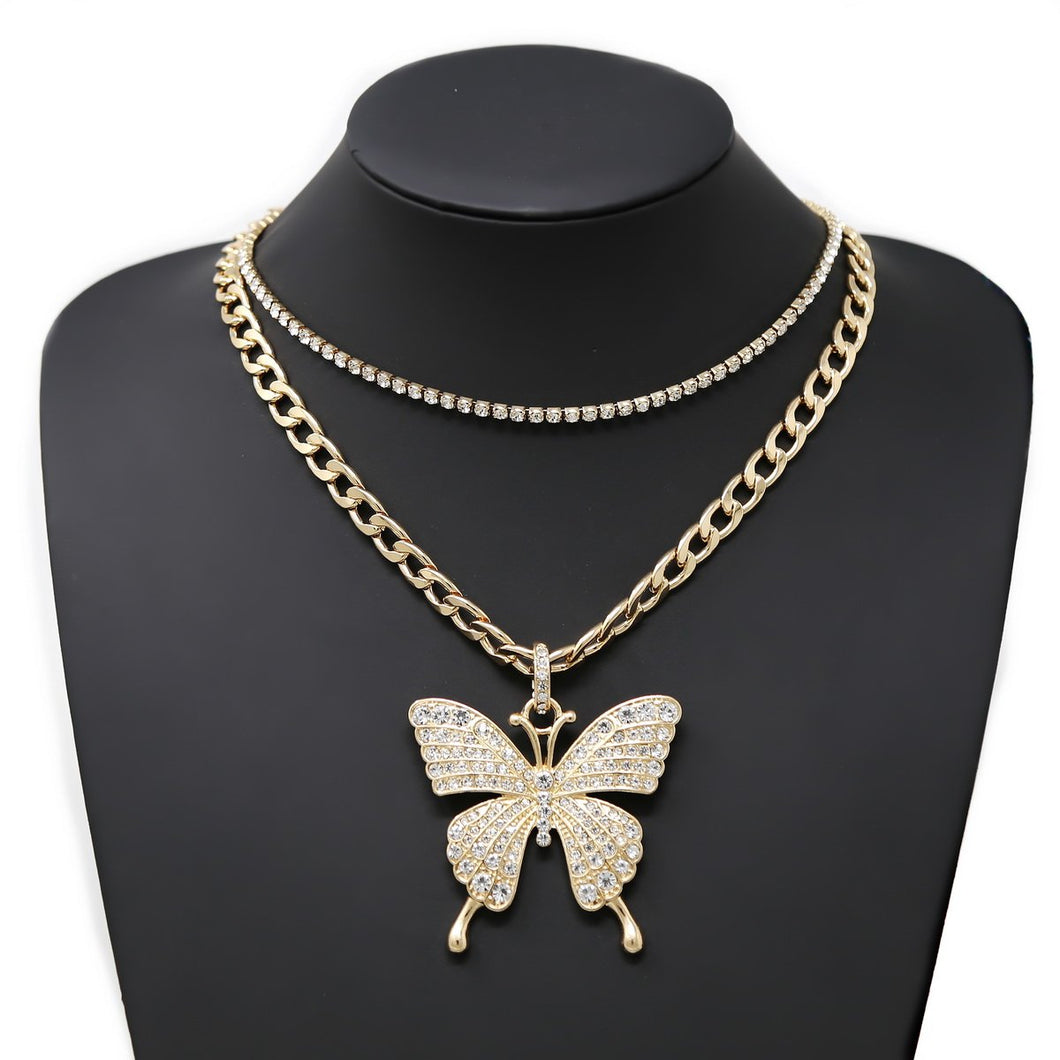 RHINESTONE BUTTERFLY PENDANT CHAIN NECKLACE