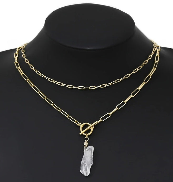 CRYSTAL ROCK PENDANT LAYRED CHAIN NECKLACE