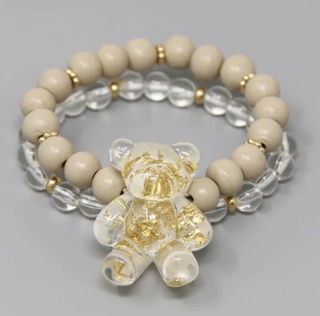 TEDDY BEAR CHARM BEADED STRETCH BRACELET SET